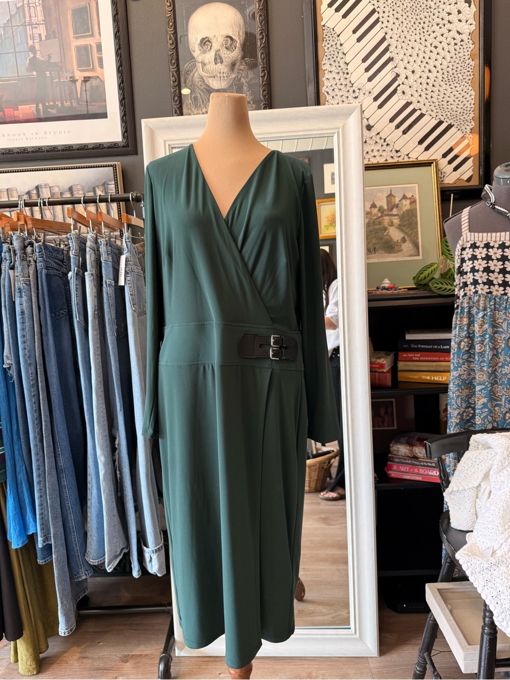 Ralph Lauren Forest Green Long Sleeve Wrap-Style Dress with Buckle Waist